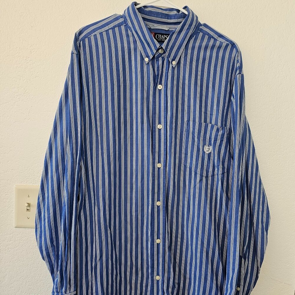 CHAPS Men's XXL Blue Striped Shirt 100% Cotton Long Sleeves Button Down
